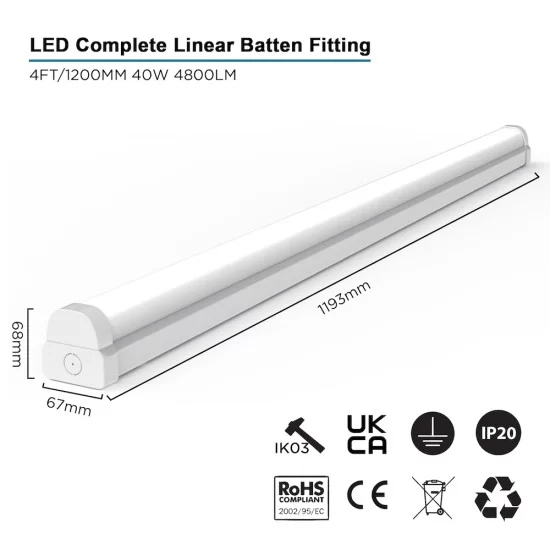 4FT LED BATTEN LIGHT 1200MM (1.2M) LED OFFICE LIGHT FOR CORRIDOR, BATHROOM, STAIRS, GARAGE, WORKSHOP - 40W / 4,800LM / 4000K 4FT LED BATTEN LIGHT 1200MM (1.2M) LED OFFICE LIGHT FOR CORRIDOR, BATHROOM, STAIRS, GARAGE, WORKSHOP - 40W / 4,800LM / 4000K