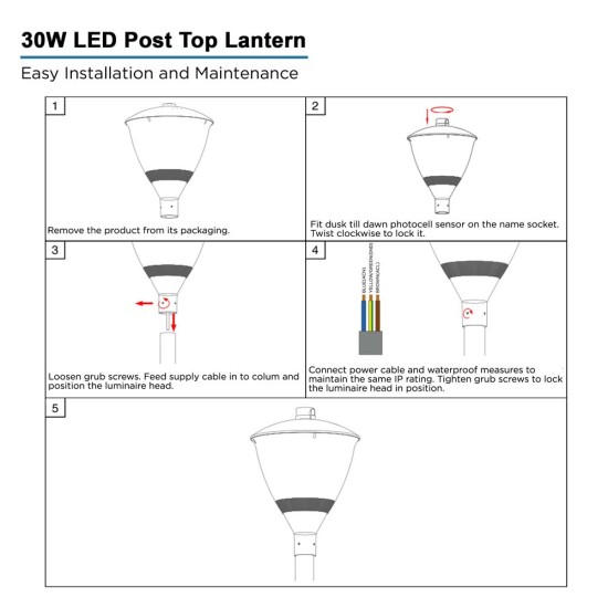 30W LED Post Top Street Lantern Eclipse - 360 Degree Car Park / Street Light Luminaire 30W c/w Photocell Dusk til Dawn Sensor