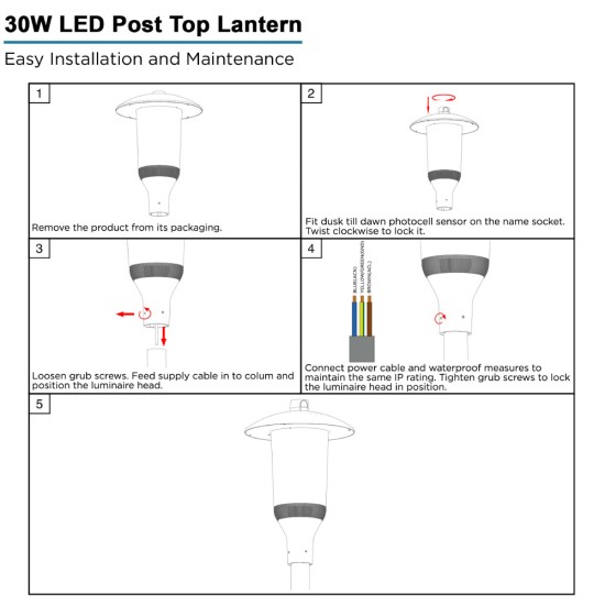 30W LED Top Hat Lantern c/w Photocell Dusk-til-dawn sensor - 360 Degree Car Park / Street Light Luminaire 30W c/w Photocell Dusk-til-dawn sensor
