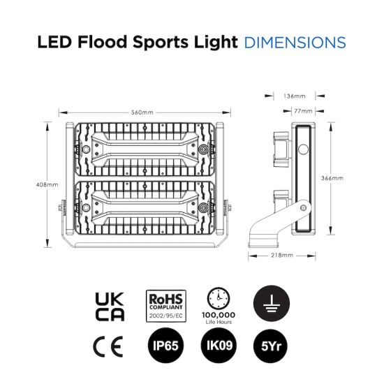 600W Asymmetric LED Flood Sports Area Light for Tennis Court, Football, Rugby Pitch, Horse Menage, Golf, Stadium, Arena
