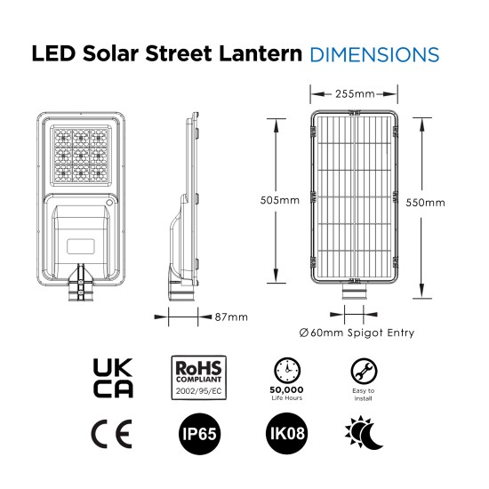 Solar LED Street Light 18W - All-in-one Solar PV Street Exterior Light c/w Built In Integral Solar Panel & Integrated Lithium LiFePO4 Battery