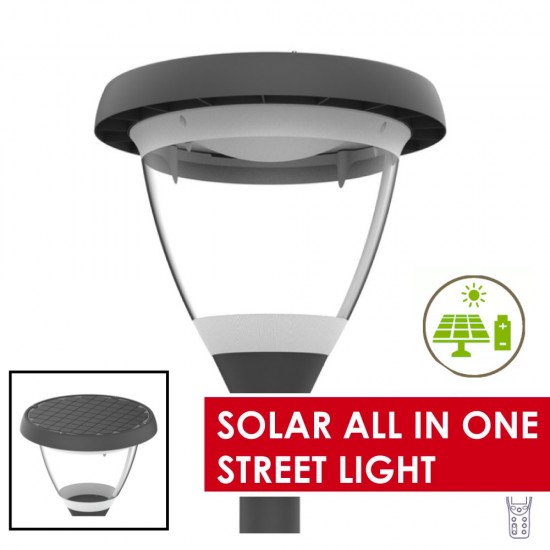 Solar PV LED Post Top Street Light Lantern - All-in-one Integrated Solar Lantern c/w Built In Integral Solar Panel & Integrated Lithium LiFEPO4 Battery