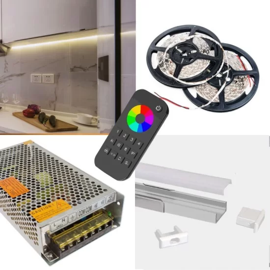 Kitchen Kit LED Strip RGBW Colour Changing - Kitchen Cupboard Counter Worktop LED Kit - Includes LED Strip Tape, LED Profile, Driver + Optional RF Remote or Wall Plate Controller, 5m Cable 24V - IP65 Kitchen Kit LED Strip RGBW Colour Changing - Kitchen Cupboard Counter Worktop LED Kit - Includes LED Strip Tape, LED Profile, Driver + Optional RF Remote or Wall Plate Controller, 5m Cable 24V - IP65