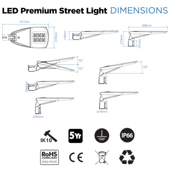 LED Premium Street Light 90w  - 4-6m Column Street Lighting Fixture - Dark Sky Friendly 3000K/4000K 0% ULOR