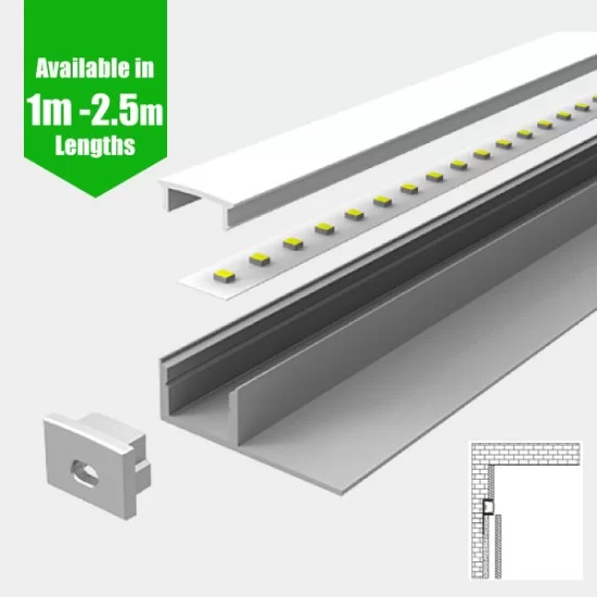 LED Profile Recessed Tile Edge for LED Strip - Aluminium LED Channel c/w Clip-in Diffuser + End Caps LED Profile Recessed Tile Edge for LED Strip - Aluminium LED Channel c/w Clip-in Diffuser + End Caps