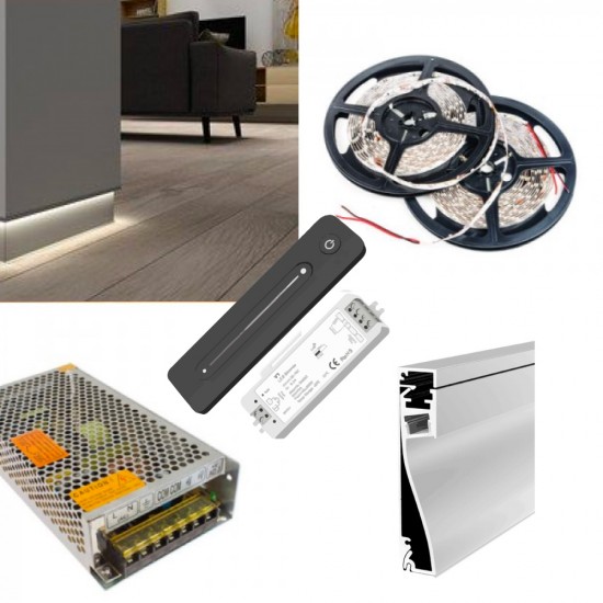 LED Skirting Board Perimeter Strip Kit - LED Profile Strip Complete Kit - Includes LED Strip Tape, LED Profile, Driver + Optional Remote Dimmer or Wall Plate Dimming Switch, 5m Cable 24V - Single Colour IP21