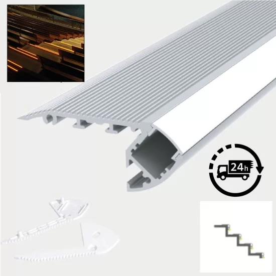LED Profile Step Extrusion / Stair Nosing (Uplight) for LED Strip - Aluminium LED Channel c/w Clip-in Diffuser + End Caps LED Profile Step Extrusion / Stair Nosing (Uplight) for LED Strip - Aluminium LED Channel c/w Clip-in Diffuser + End Caps