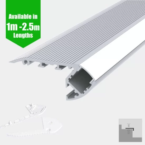 LED Profile Step Extrusion / Stair Nosing (Uplight) for LED Strip - Aluminium LED Channel c/w Clip-in Diffuser + End Caps LED Profile Step Extrusion / Stair Nosing (Uplight) for LED Strip - Aluminium LED Channel c/w Clip-in Diffuser + End Caps