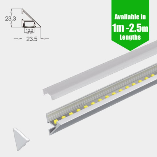 Wall Mount Cove Pelmet Perimeter LED Profile for LED Strip - Wall Mount Aluminium LED Channel c/w Clip-in Diffuser + End Caps + Mounting Clips 