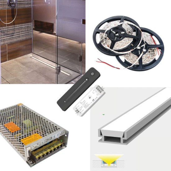 LED Strip Tile in LED Profile Floor / Wall Recessed Shower Niche Complete Kit - Includes LED Strip Tape, LED Profile, Driver + Optional Remote Dimmer or Wall Plate Dimming Switch, 5m Cable 24V - Single Colour IP65