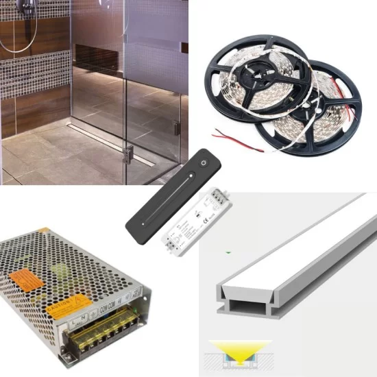 LED Strip Tile in LED Profile Floor / Wall Recessed Shower Niche Complete Kit - Includes LED Strip Tape, LED Profile, Driver + Optional Remote Dimmer or Wall Plate Dimming Switch, 5m Cable 24V - Single Colour IP65 LED Strip Tile in LED Profile Floor / Wall Recessed Shower Niche Complete Kit - Includes LED Strip Tape, LED Profile, Driver + Optional Remote Dimmer or Wall Plate Dimming Switch, 5m Cable 24V - Single Colour IP65