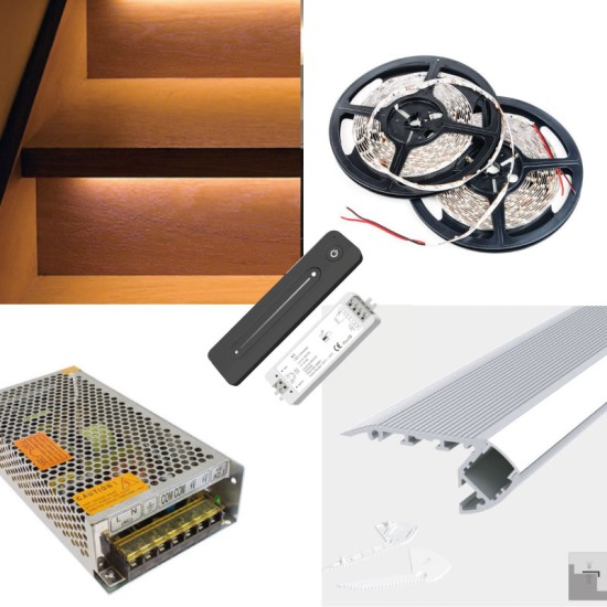 LED Strip Stair Nose Nosing Step Edging Trim Profile Tape Complete Kit - Includes LED Strip Tape, LED Profile, Driver + Optional Remote Dimmer or Wall Plate Dimming Switch, 5m Cable 24V - Single Colour IP65