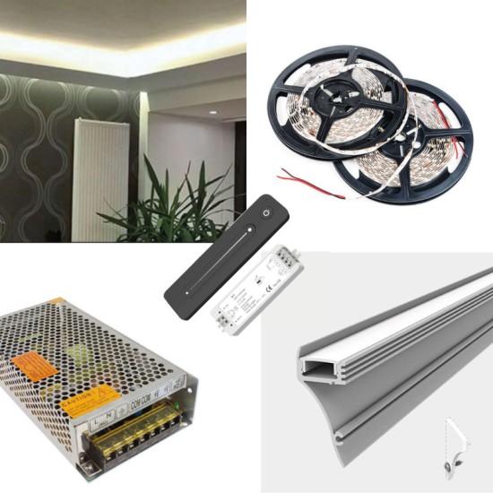 LED Strip Wall Mount Cove Coving LED Profile Strip Complete Kit - Includes LED Strip Tape, LED Profile, Driver + Optional Remote Dimmer or Wall Plate Dimming Switch, 5m Cable 24V - Single Colour IP21